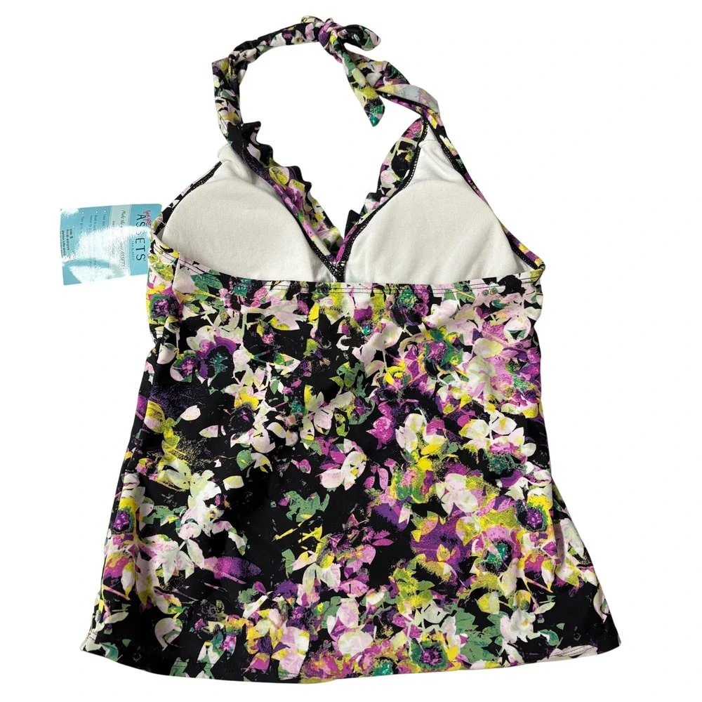 NWT ASSETS Women Tankini Top S Black Floral Power Suits Halter 1708 Slimming